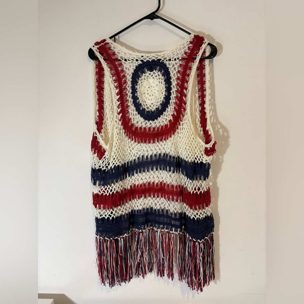 Frazzle Women’s XL Open Front Sleeveless Shirt Crocheted Fringe Patriotic Summer - Picture 5 of 6
